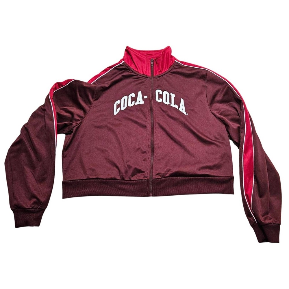 Coca-Cola Womens Cropped Track Jacket Burgundy Red Full Zip Mock Neck XL